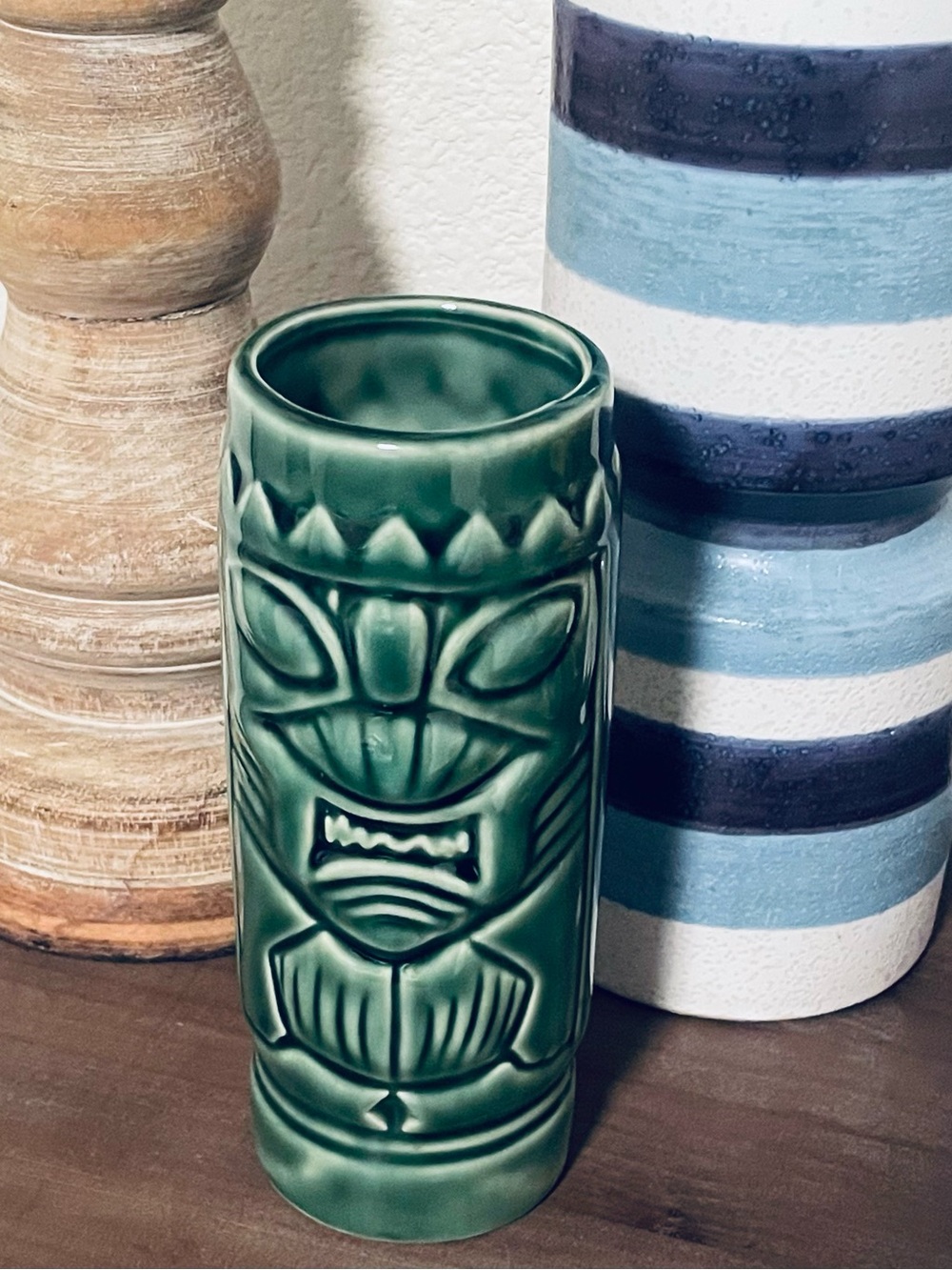 Vintage Double Sided Tiki Mug Cup Glass Retro Bar Ware Polynesian Hawaii Green